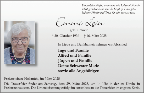 Traueranzeige von Emmi Lein von FZ