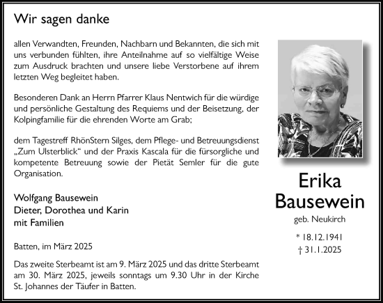 Traueranzeige von Erika Bausewein von FZ