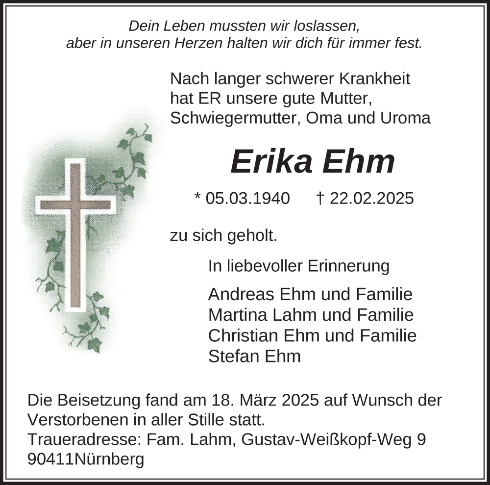  Traueranzeige für Erika Ehm vom 29.03.2025 aus FZ