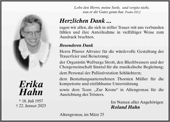 Traueranzeige von Erika Hahn von FZ