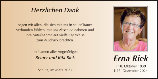 Traueranzeige von Erna Riek von FZ