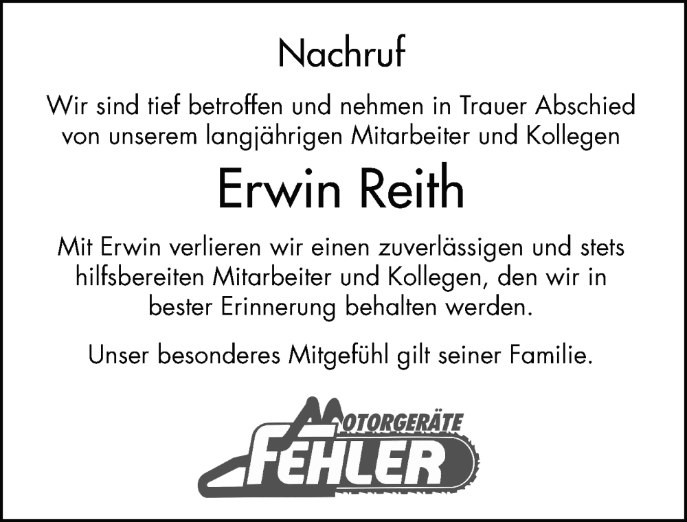  Traueranzeige für Erwin Reith vom 17.03.2025 aus FZ