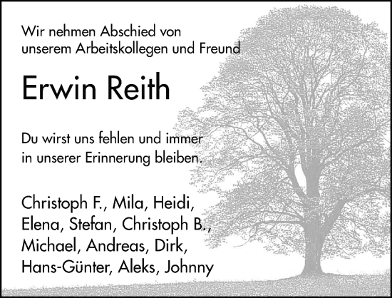 Traueranzeige von Erwin Reith von FZ