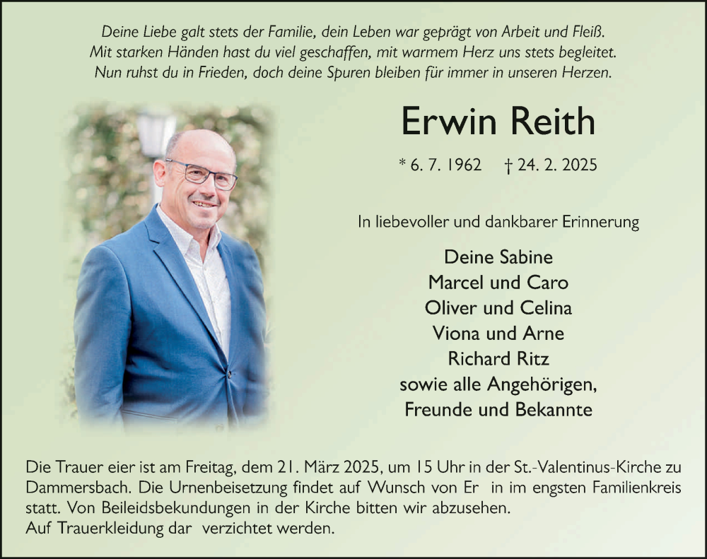  Traueranzeige für Erwin Reith vom 17.03.2025 aus FZ