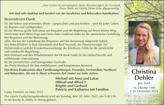 Traueranzeige von Christina Dehler von FZ