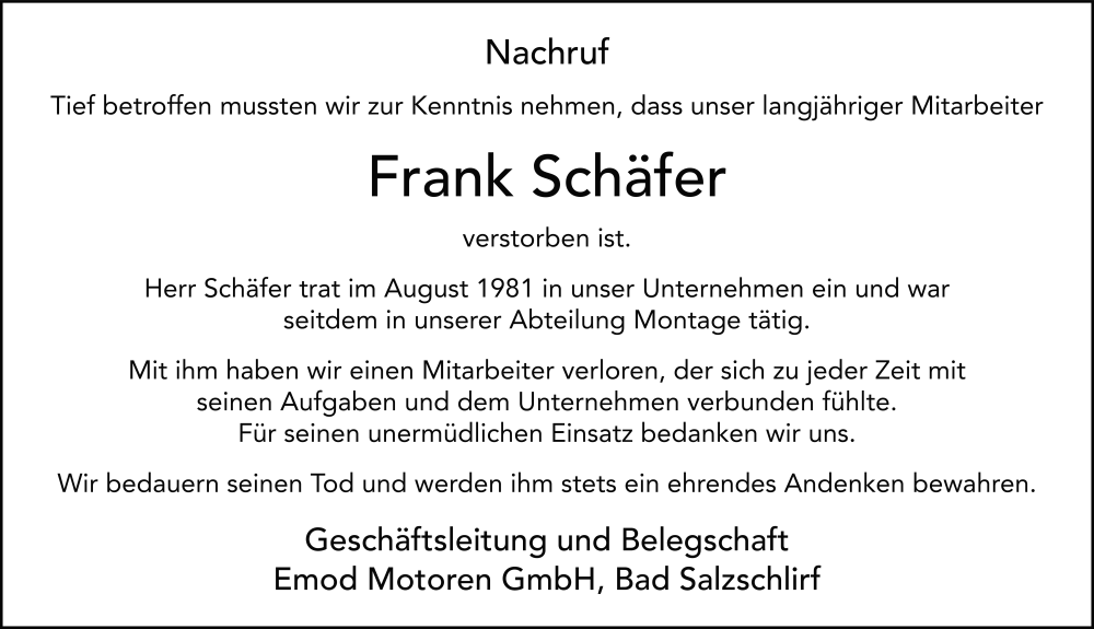  Traueranzeige für Frank Schäfer vom 31.03.2025 aus FZ