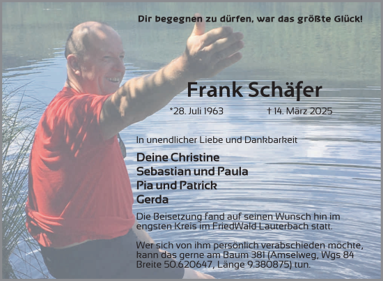 Traueranzeige von Frank Schäfer von FZ