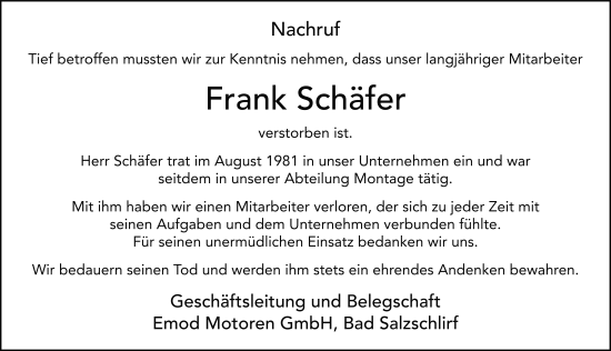 Traueranzeige von Frank Schäfer von FZ