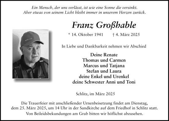 Traueranzeige von Franz Großhable von FZ