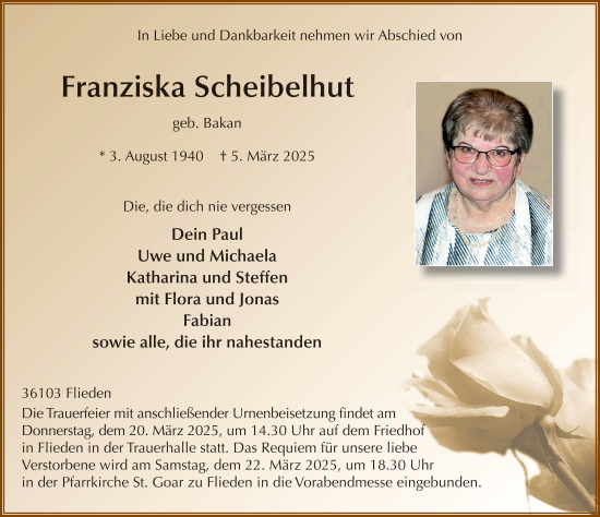 Traueranzeige von Franziska Scheibelhut von FZ