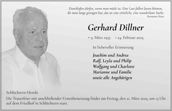 Traueranzeige von Gerhard Dillner von FZ