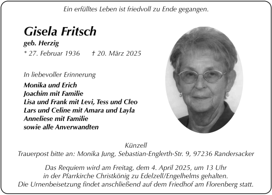 Traueranzeige von Gisela Fritsch von FZ