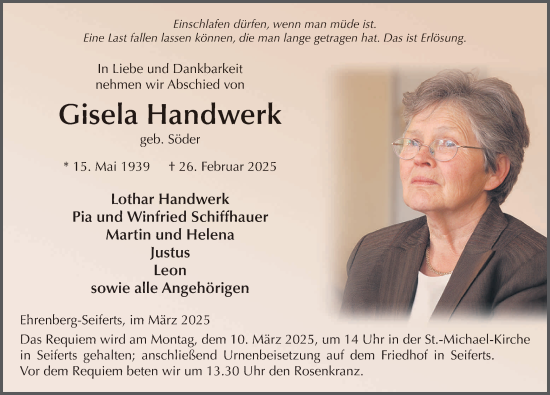 Traueranzeige von Gisela Handwerk von FZ