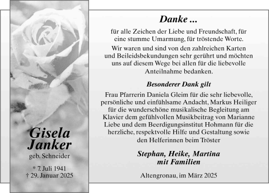 Traueranzeige von Gisela Janker von FZ