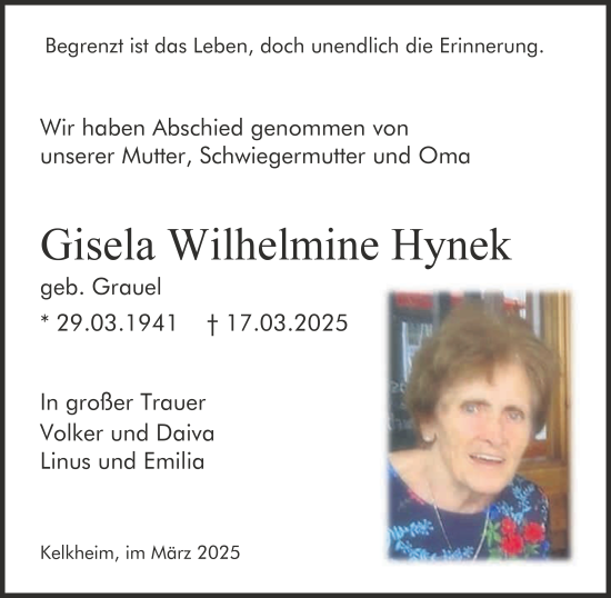 Traueranzeige von Gisela Wilhelmine Hynek von FZ
