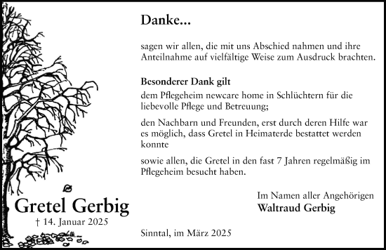 Traueranzeige von Gretel Gerbig von FZ