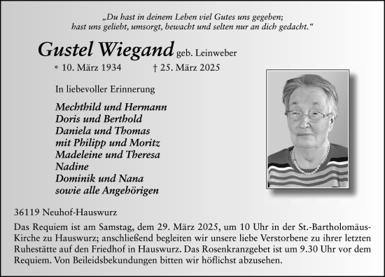 Traueranzeige von Gustel Wiegand von FZ