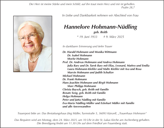Traueranzeige von Hannelore Hohmann-Nüdling von FZ
