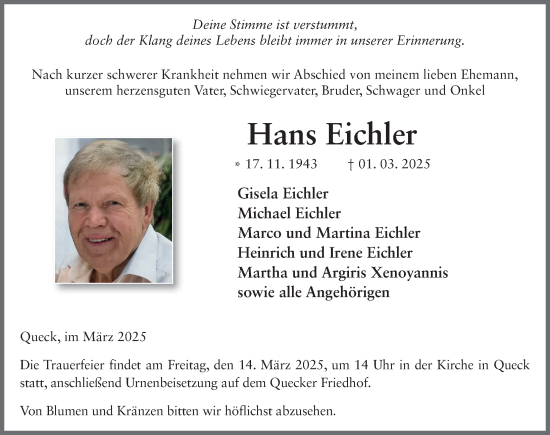 Traueranzeige von Hans Eichler von FZ