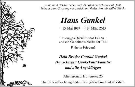 Traueranzeige von Hans Gunkel von FZ