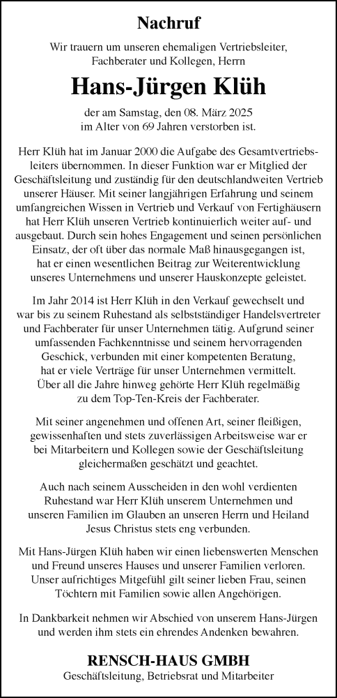 Traueranzeige von Hans-Jürgen Klüh von FZ