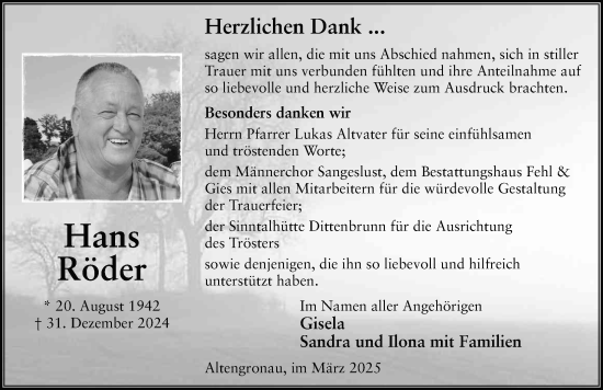 Traueranzeige von Hans Röder von FZ