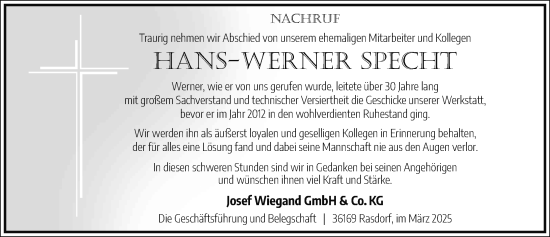 Traueranzeige von Hans-Werner Specht von FZ