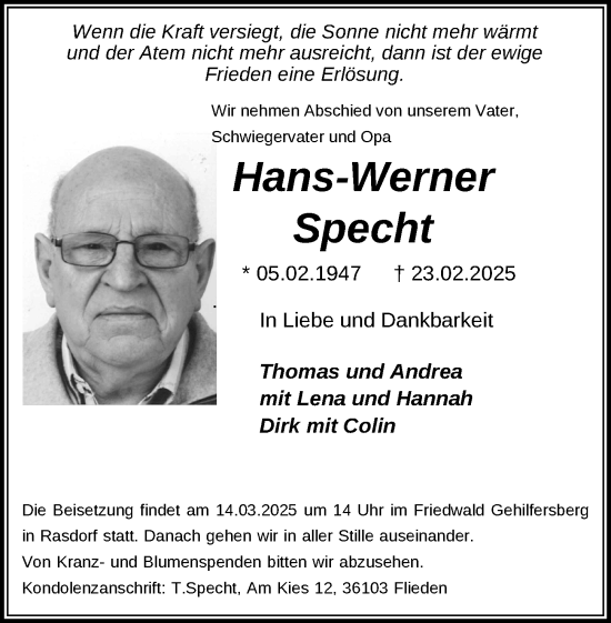 Traueranzeige von Hans-Werner Specht von FZ