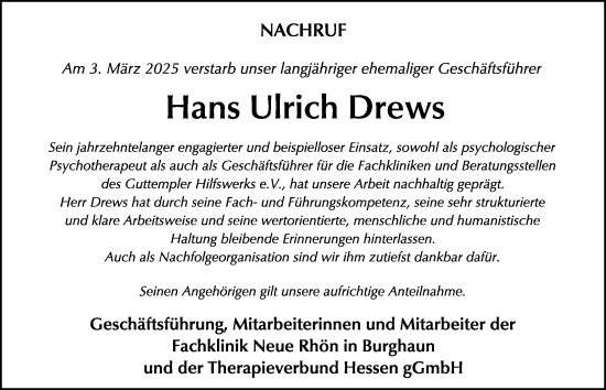 Traueranzeige von Hans Ulrich Drews von FZ