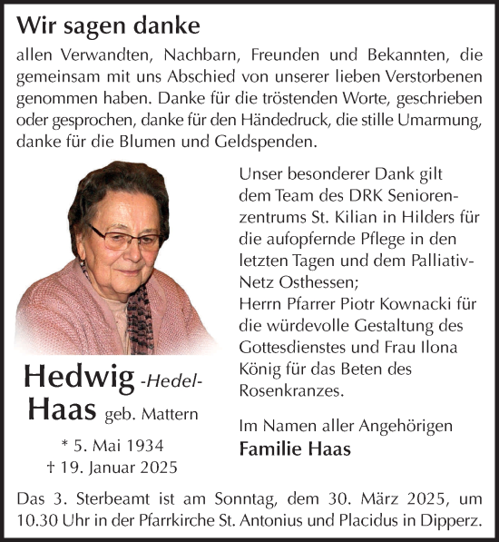 Traueranzeige von Hedwig Haas von FZ