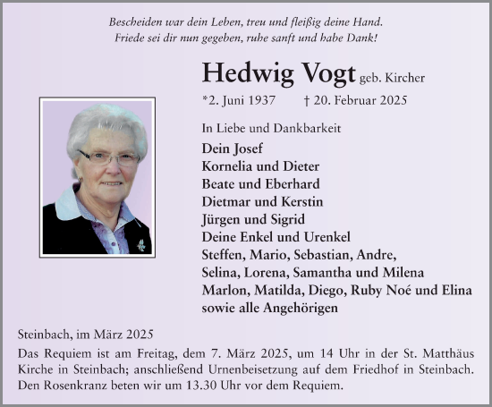 Traueranzeige von Hedwig Vogt von FZ