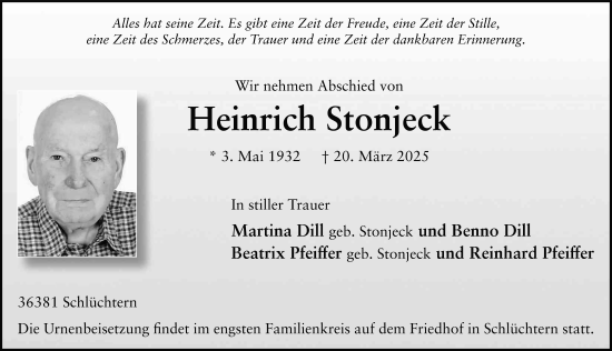 Traueranzeige von Heinrich Stonjeck von FZ