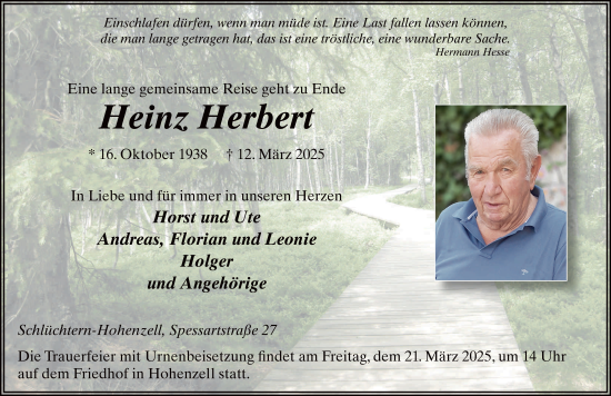 Traueranzeige von Heinz Herbert von FZ