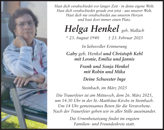 Traueranzeige von Helga Henkel von FZ