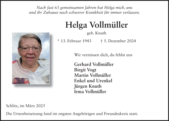 Traueranzeige von Helga Vollmüller von FZ