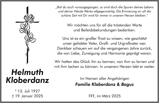 Traueranzeige von Helmuth Kloberdanz von FZ