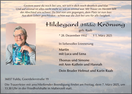 Traueranzeige von Hildegard Krönung von FZ