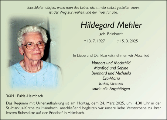 Traueranzeige von Hildegard Mehler von FZ