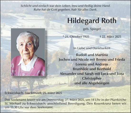 Traueranzeige von Hildegard Roth von FZ