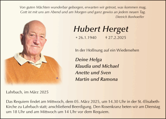 Traueranzeige von Hubert Herget von FZ