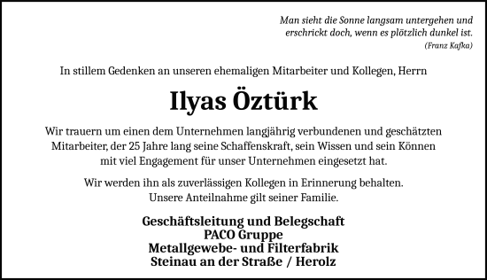 Traueranzeige von Ilyas Öztürk von FZ