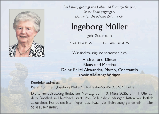 Traueranzeige von Ingeborg Müller von FZ