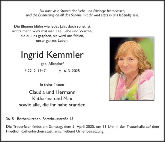 Traueranzeige von Ingrid Kemmler von FZ