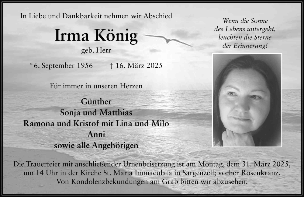  Traueranzeige für Irma König vom 25.03.2025 aus FZ