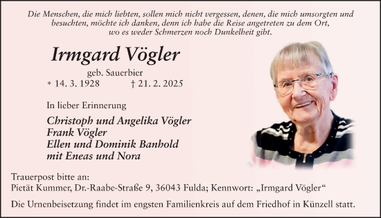 Traueranzeige von Irmgard Vögler von FZ