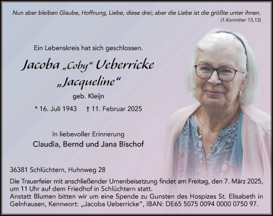 Traueranzeige von Jacoba Ueberricke von FZ