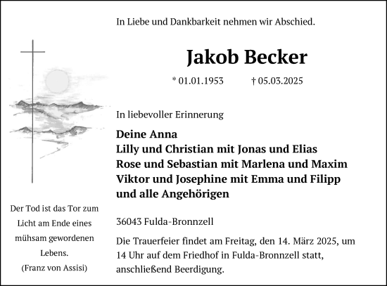 Traueranzeige von Jakob Becker von FZ