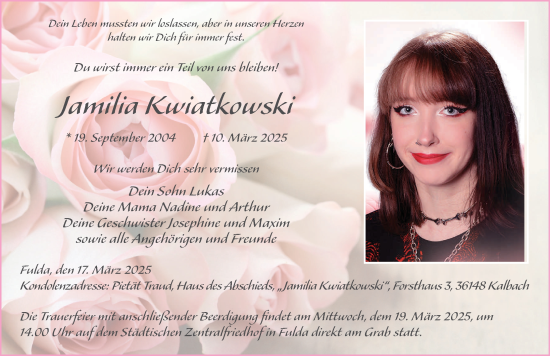 Traueranzeige von Jamilia Kwiatkowski von FZ
