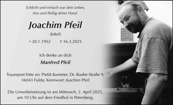 Traueranzeige von Joachim Pfeil von FZ