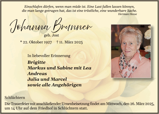 Traueranzeige von Johanna Brunner von FZ
